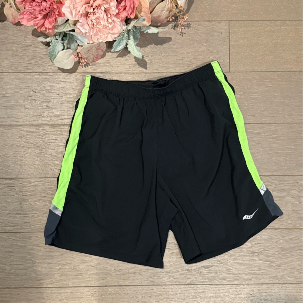 Saucony Black and Neon Green Athletic Shorts
